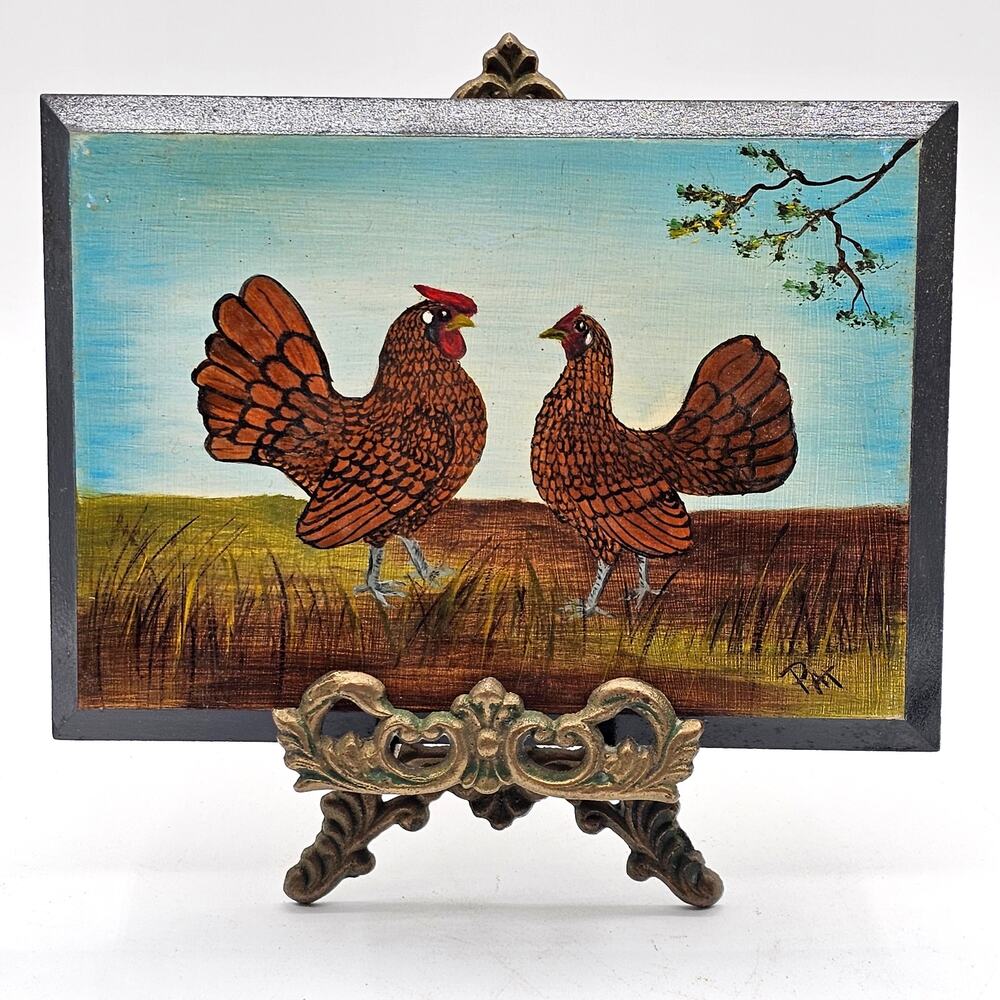 Hand-Painted Red Rooster & Chicken Farmhouse Wall Art - 5x7 Wood Artist Signed